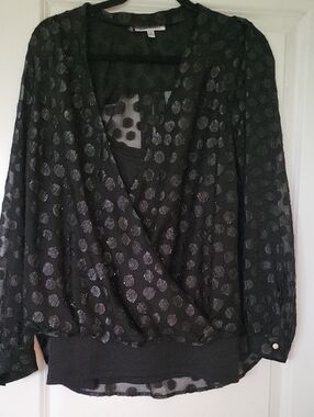 Jennifer Lopez Black Sheer Dot-Print Wrap Blouse